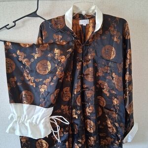 Vintage Chinese Black Silk Dragon Print Jacket with Pants Gold Motif